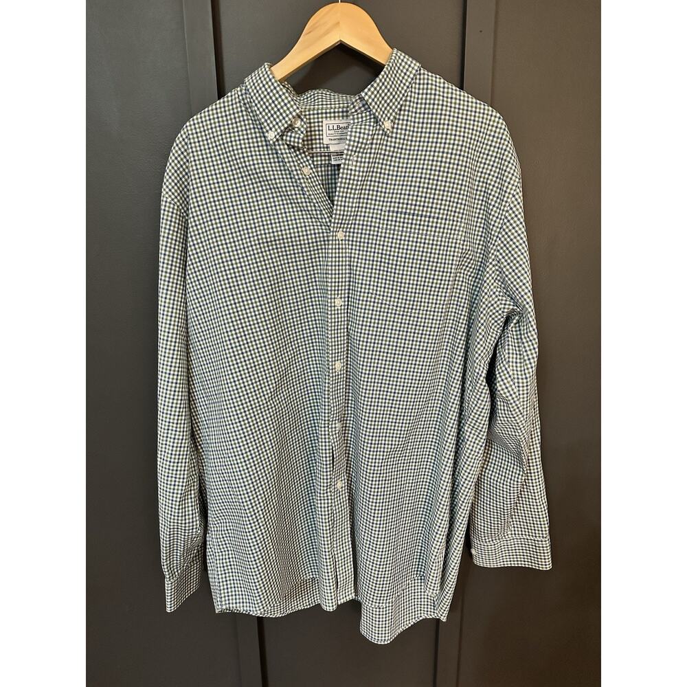 LL Bean Men's XL Green White Gingham Plaid Long Sleeve Button Down Traditional